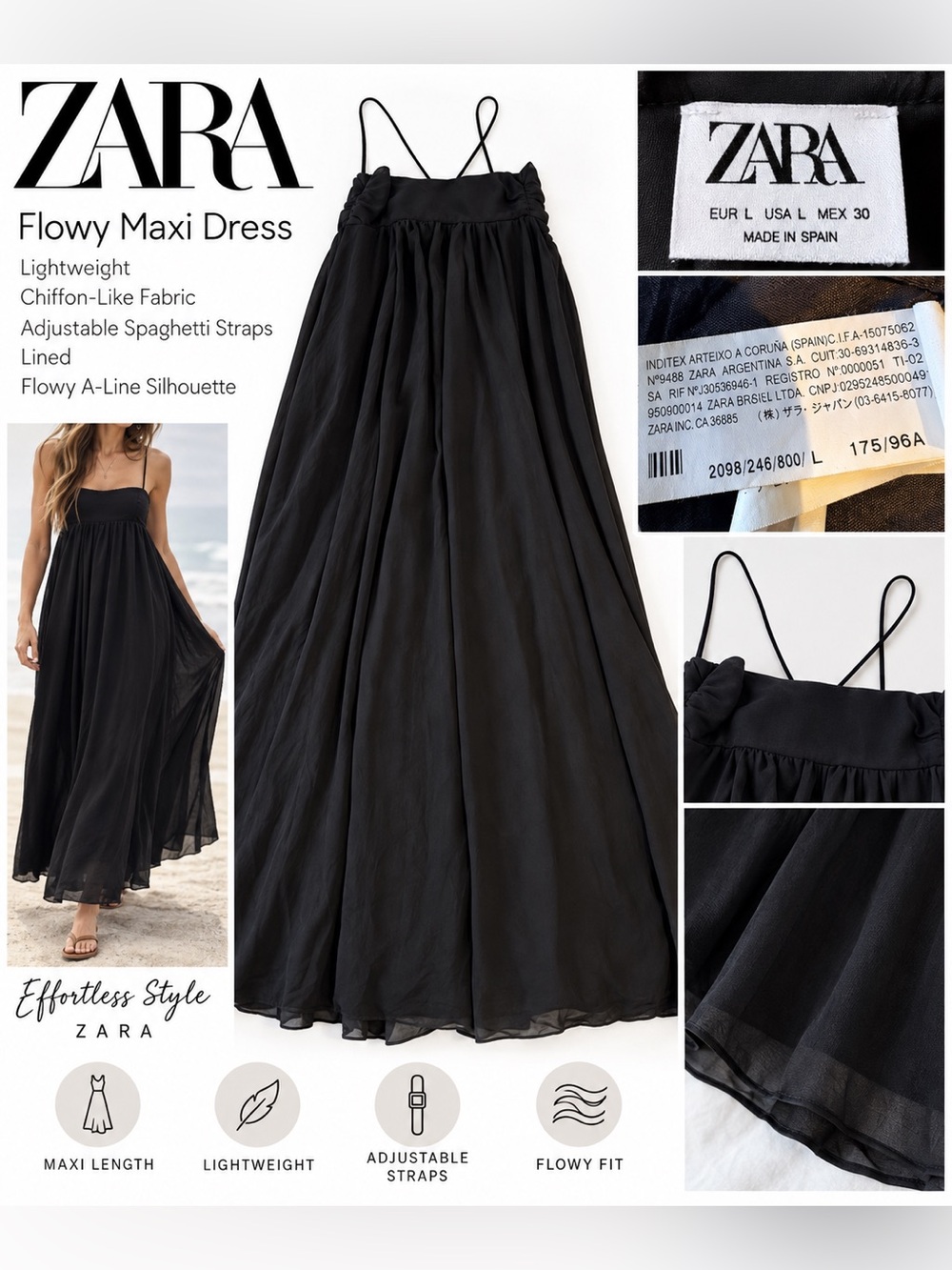 Zara Black Flowing Maxi Dress with Spaghetti Straps